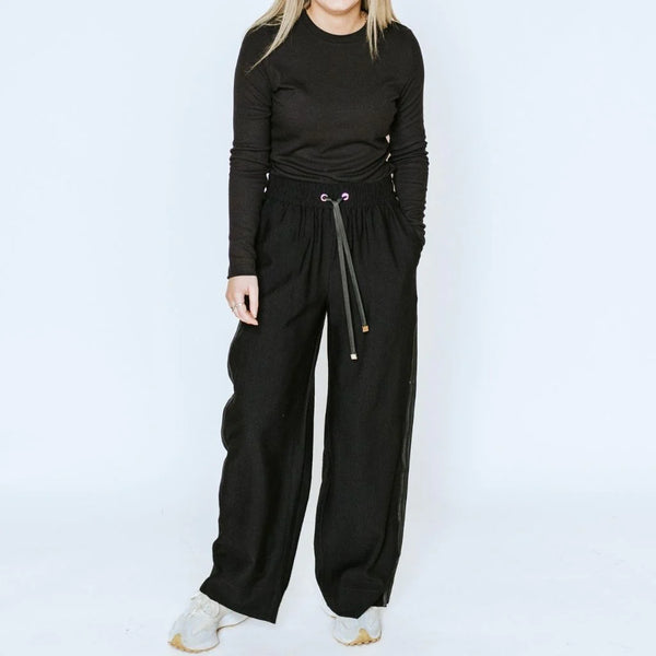 MOKE - INDIANA WIDE LEG PANTS - BLACK w BLACK SATIN STRIPE