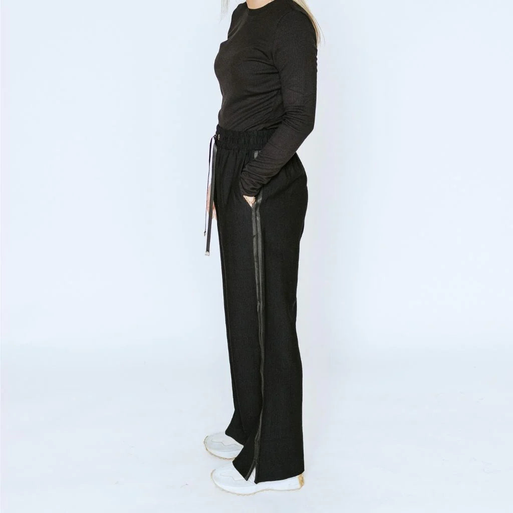 MOKE - INDIANA WIDE LEG PANTS - BLACK w BLACK SATIN STRIPE