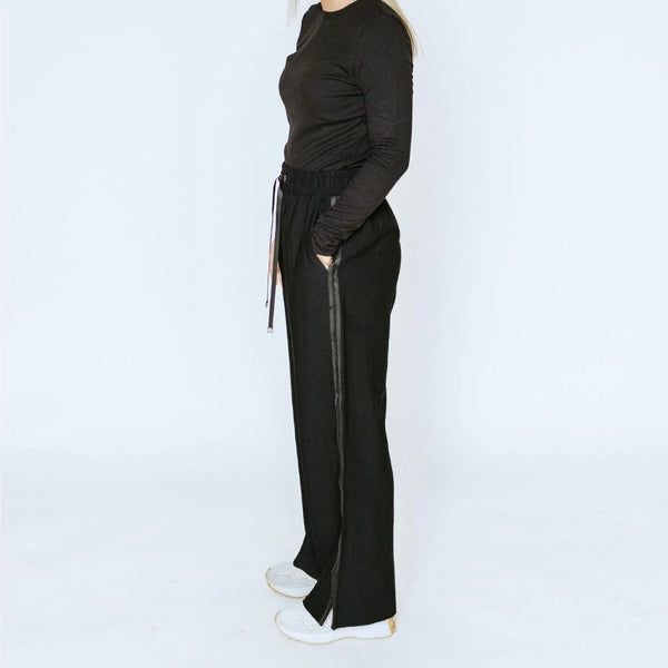MOKE - INDIANA WIDE LEG PANTS - BLACK w BLACK SATIN STRIPE