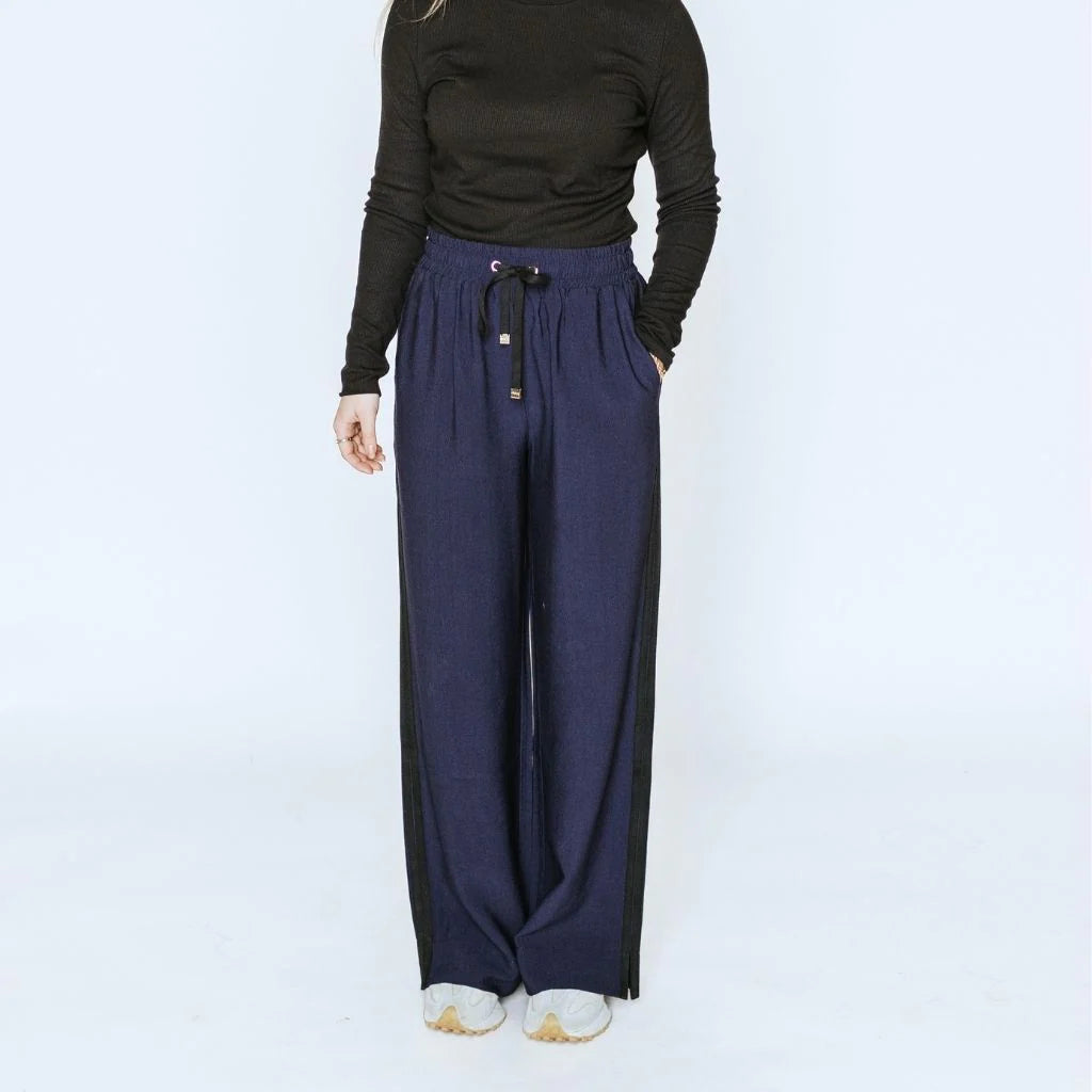 MOKE - INDIANA WIDE LEG PANTS - NAVY w BLACK STRIPE