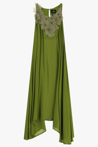 DIXIE  - BLACK ABITO LONG SATIN DRESS - FLOWER NECKLINE