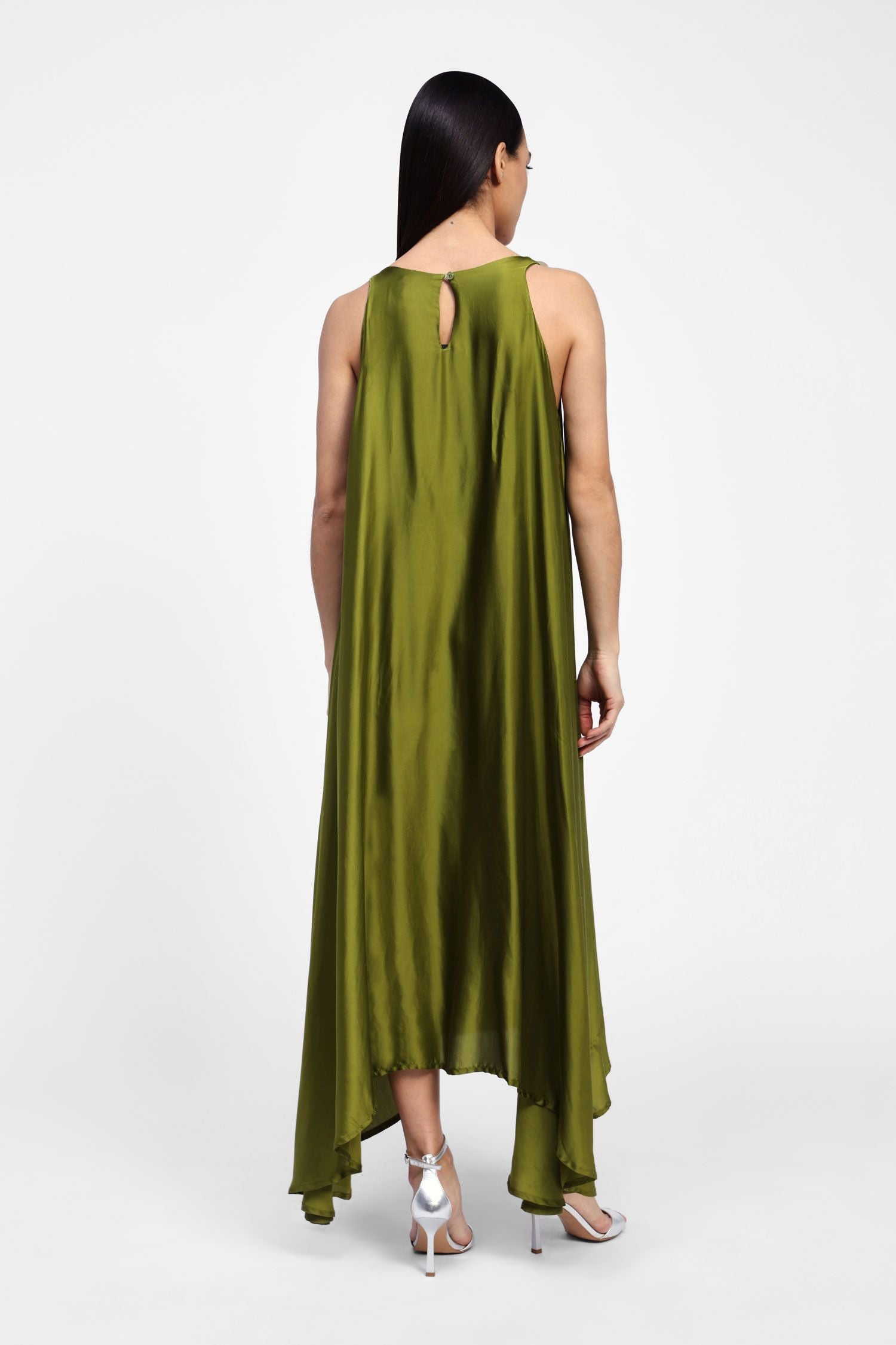 DIXIE  - BLACK ABITO LONG SATIN DRESS - FLOWER NECKLINE