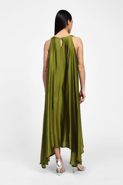DIXIE  - BLACK ABITO LONG SATIN DRESS - FLOWER NECKLINE