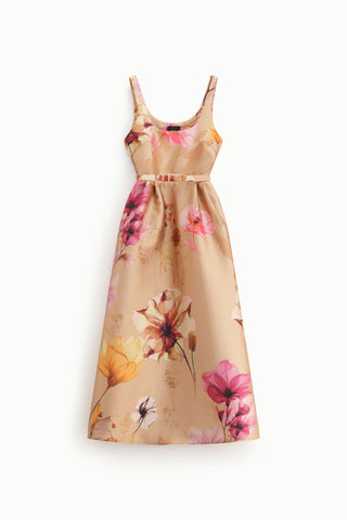DIXIE - ELEGANT CAMEL FLORAL S/L DRESS -  CAMEL