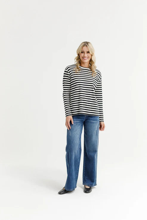 HOMELEE - LONG SLEEVE CHRIS TEE - BLACK & WHITE WAFFLE STRIPES