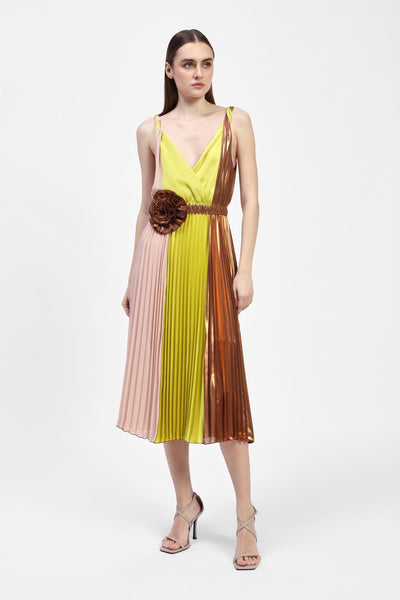 DIXIE  - ABITO PLEATED TRIPLE TONE DRESS - BRONZE FLOWER