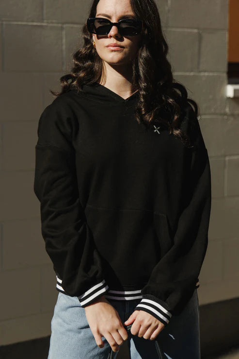 HOMELEE - ELLIOT HOODIE - ALPINE WEIGHT - BLACK w SILVER X / STRIPED CUFFS
