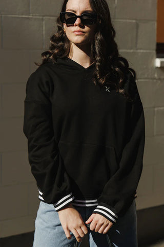 HOMELEE - ELLIOT HOODIE - ALPINE WEIGHT - BLACK w SILVER X / STRIPED CUFFS
