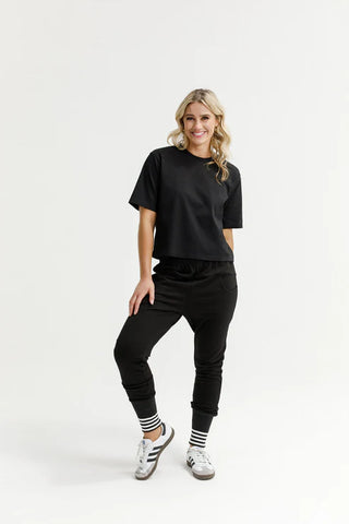 HOMELEE - ALPINE APARTMENT PANTS - BLACK w SILVER X / STRIPED CUFFS