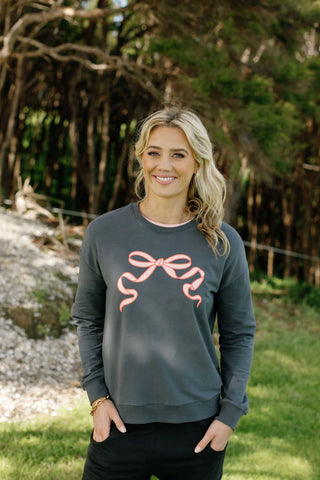 Homelee CAMILLA CREW - GRAPHITE w BLOSSOM BERRY BOW
