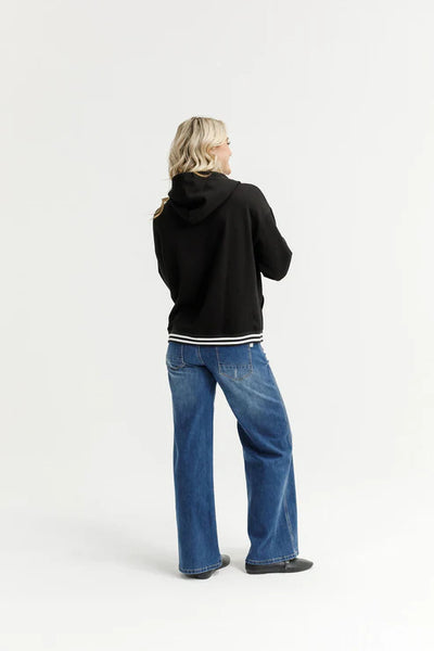 HOMELEE - ELLIOT HOODIE - ALPINE WEIGHT - BLACK w SILVER X / STRIPED CUFFS