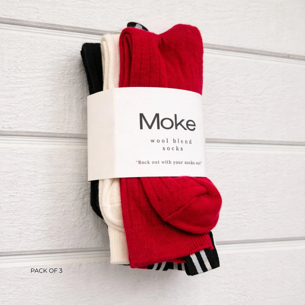 MOKE - LILY WOOL BLEND SOCKS - BLACK/CREAM/CHERRY TOMATO