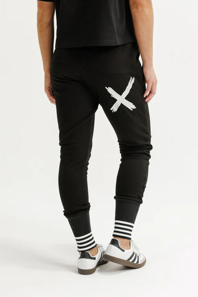 HOMELEE - ALPINE APARTMENT PANTS - BLACK w SILVER X / STRIPED CUFFS
