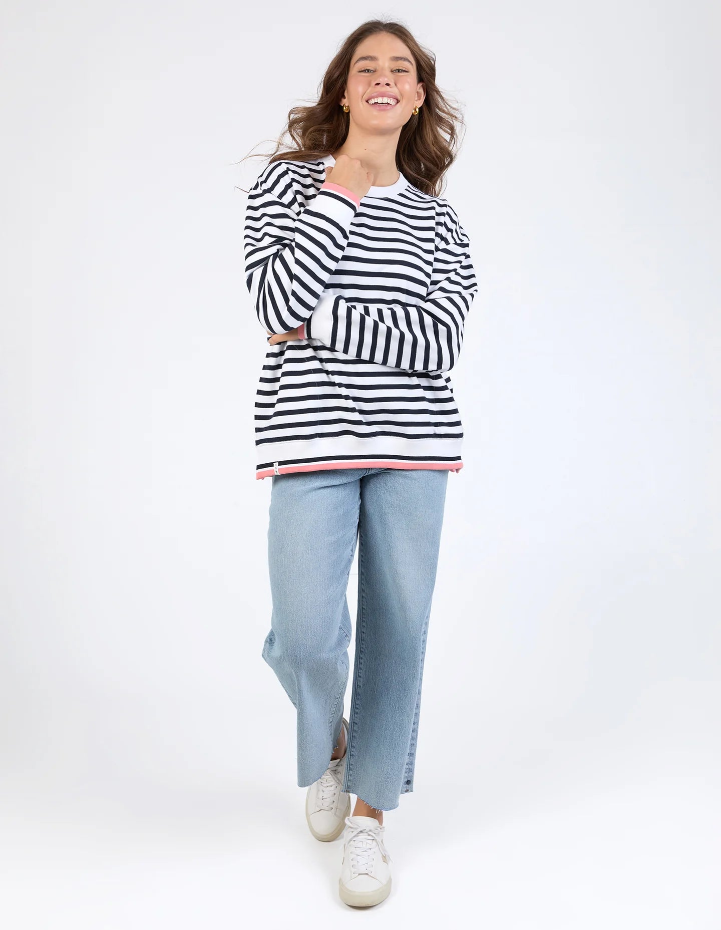 ELM  - RAVEN STRIPE FLEECE CREW - WHITE