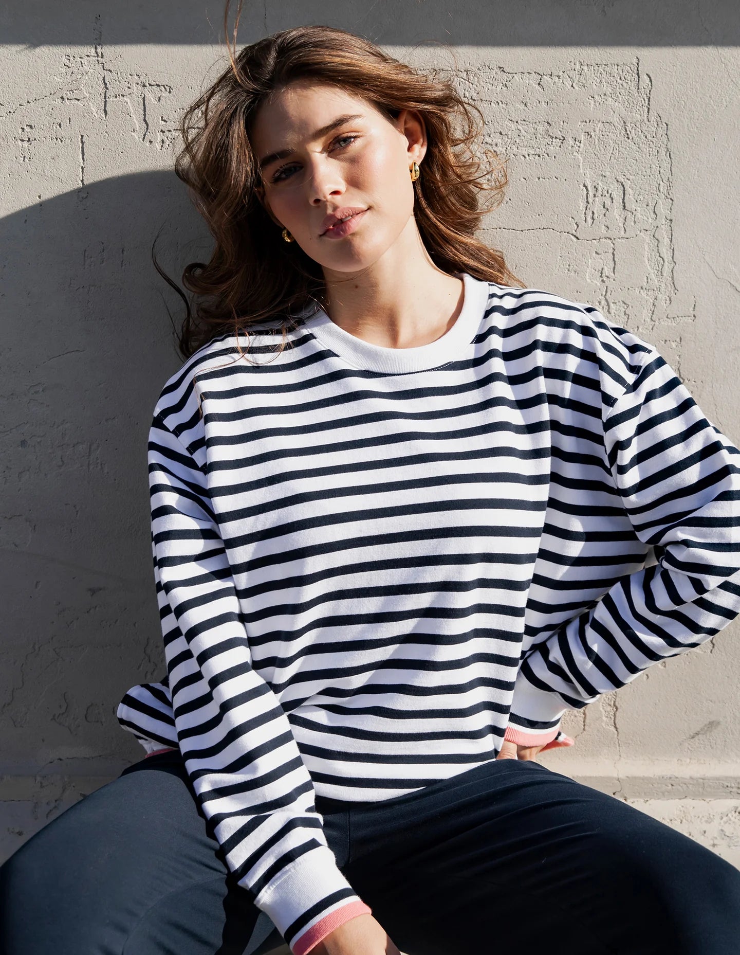 ELM  - RAVEN STRIPE FLEECE CREW - WHITE
