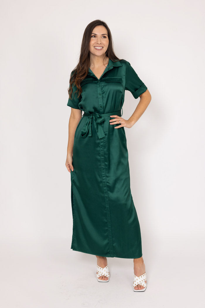 AMAYA - INDI SATIN SHIRT DRESS - GREEN
