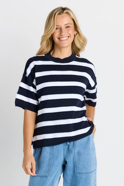 BETTY BASICS - LIBBY BOXY TOP - NAVY/WHITE STRIPE
