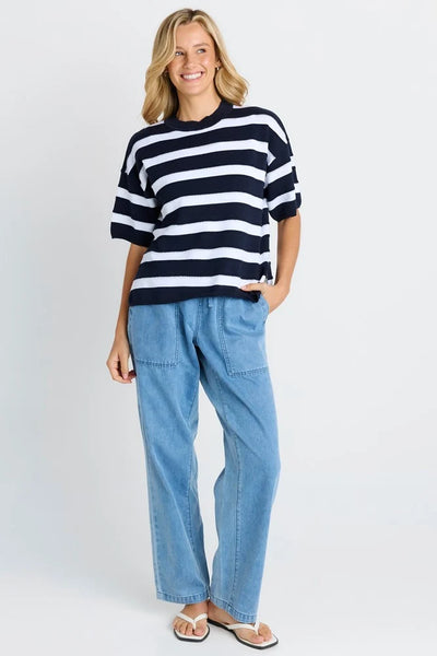 BETTY BASICS - LIBBY BOXY TOP - NAVY/WHITE STRIPE