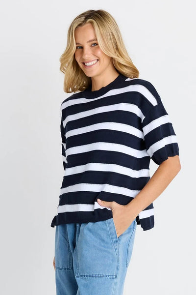 BETTY BASICS - LIBBY BOXY TOP - NAVY/WHITE STRIPE