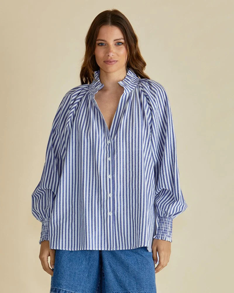 BETTY BASICS - ROMI SHIRT - NAVY STRIPE
