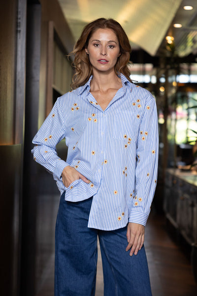 CHARLO - SUNFLOWER EMBROIDERED SHIRT - BLUE STRIPE