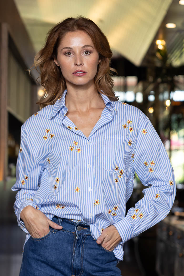 CHARLO - SUNFLOWER EMBROIDERED SHIRT - BLUE STRIPE