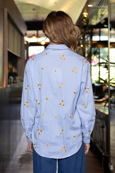CHARLO - SUNFLOWER EMBROIDERED SHIRT - BLUE STRIPE