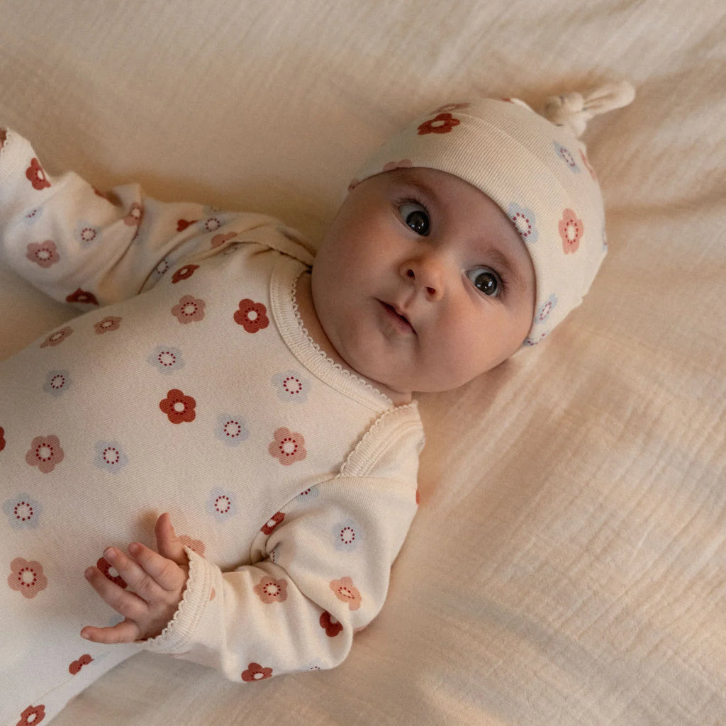 Nature Baby - Cotton Knotted Beanie - PETITE FLORA STAMP PRINT