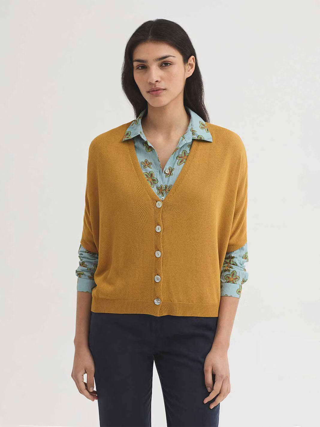 NICE THINGS - RELAXED CARDIGAN w V NECK - MUSTARD