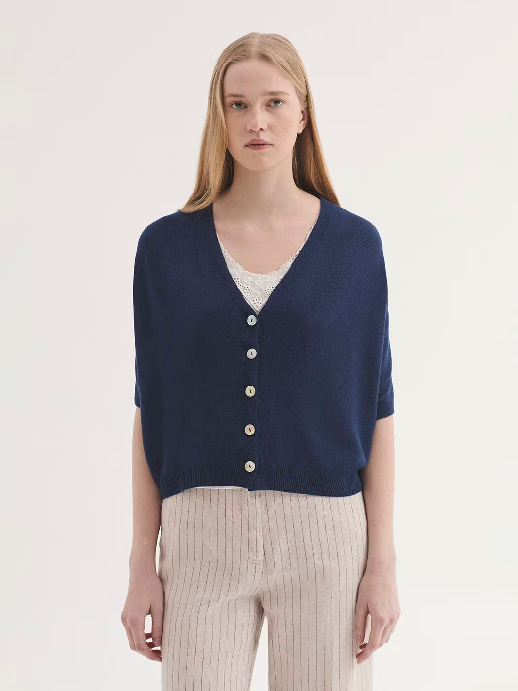 NICE THINGS - RELAXED CARDIGAN w V NECK - BLUE