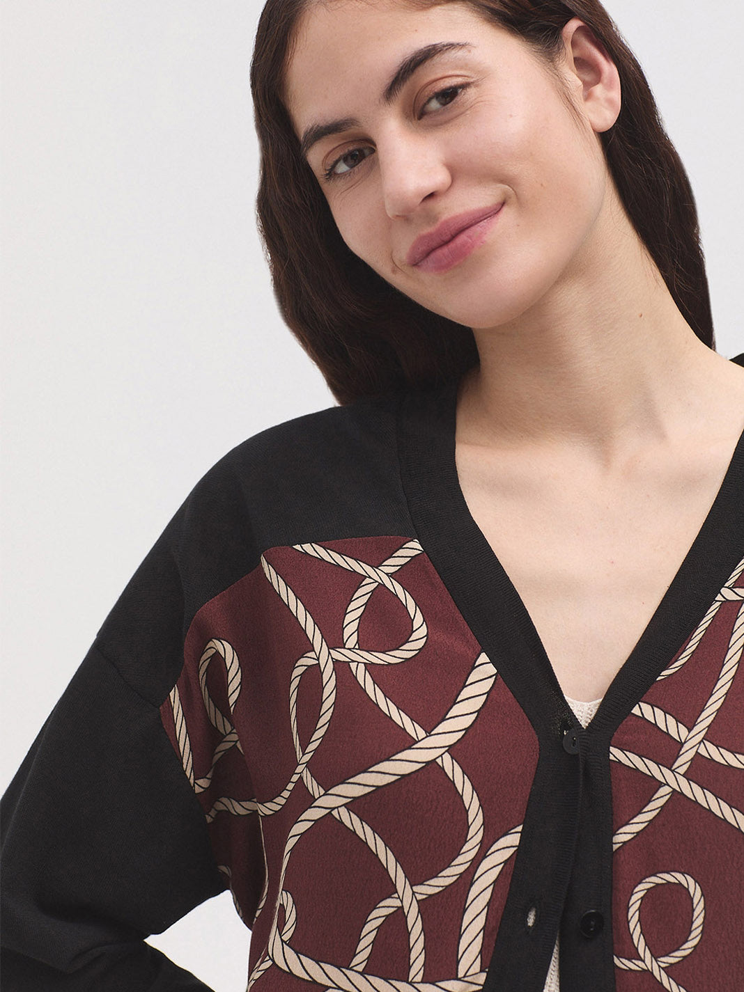 NICE THINGS PALOMA S - ANCHOR ROPES V NECK JACKET - BLACK/CHESTNUT