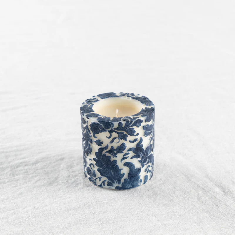 Natural Light - Damask Leaf mini Recessed Pillar - Blue & White