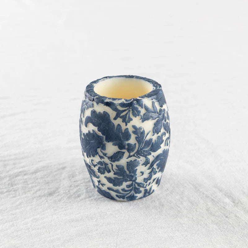 Natural Light - Damask Leaf 4" Hurricane Pillar - Blue & White