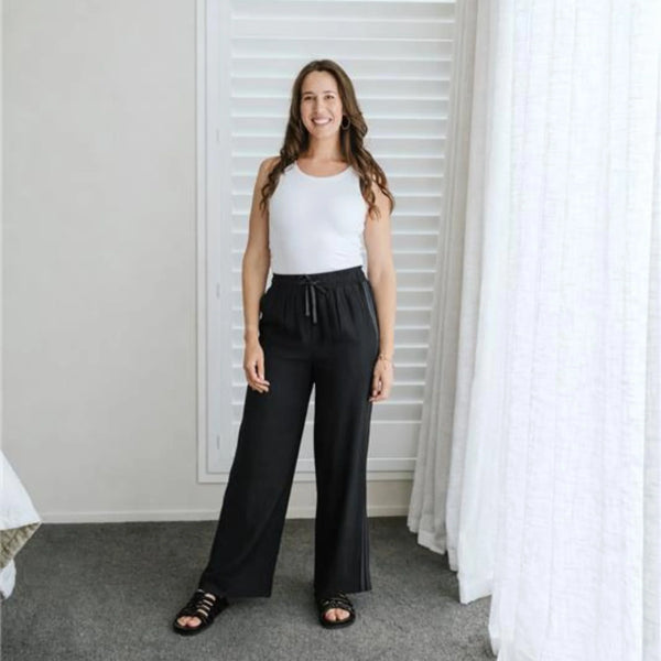 MOKE - INDIANA WOMEN'S WIDE LEG PANT - BLACK w BLACK STRIPE
