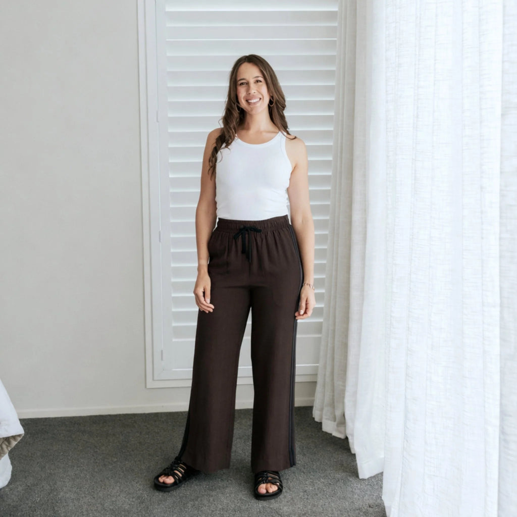 MOKE - INDIANA WOMEN'S WIDE LEG PANT - DARK CHOCOLATE w BLACK STRIPE
