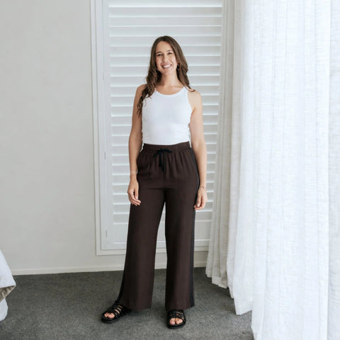 MOKE - INDIANA WOMEN'S WIDE LEG PANT - DARK CHOCOLATE w BLACK STRIPE