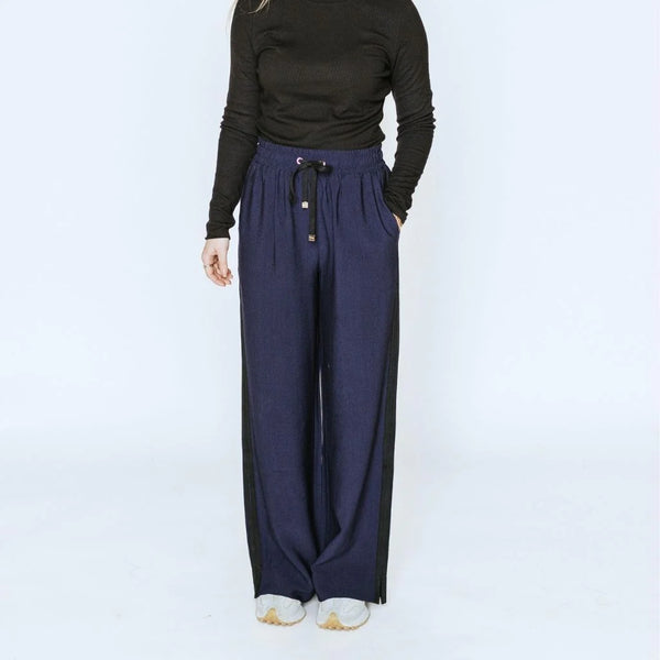 MOKE - INDIANA WIDE LEG PANTS - NAVY w BLACK STRIPE