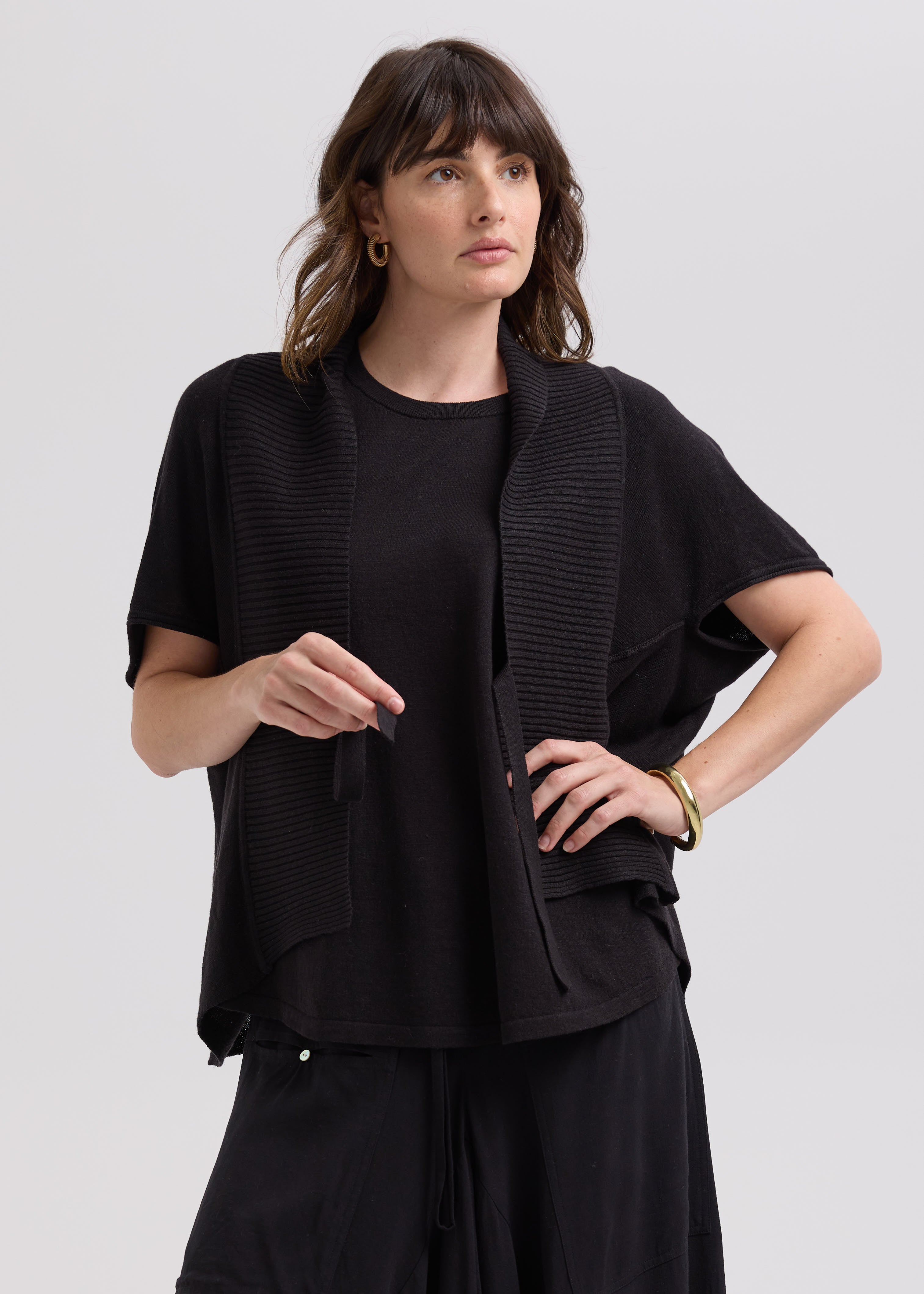 LD & CO - LINEN TIE CARDI - BLACK