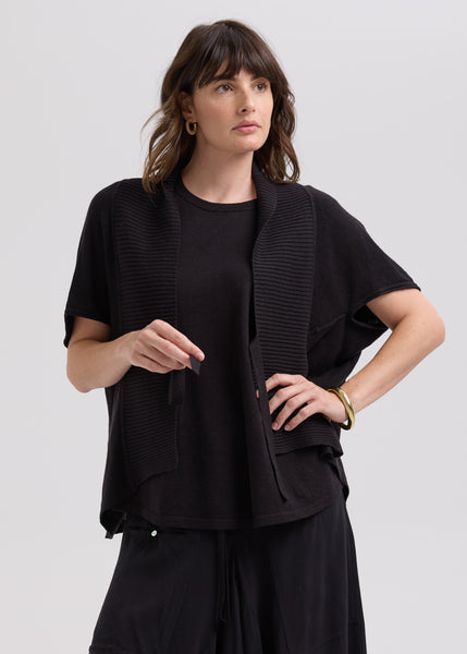 LD & CO - LINEN TIE CARDI - BLACK