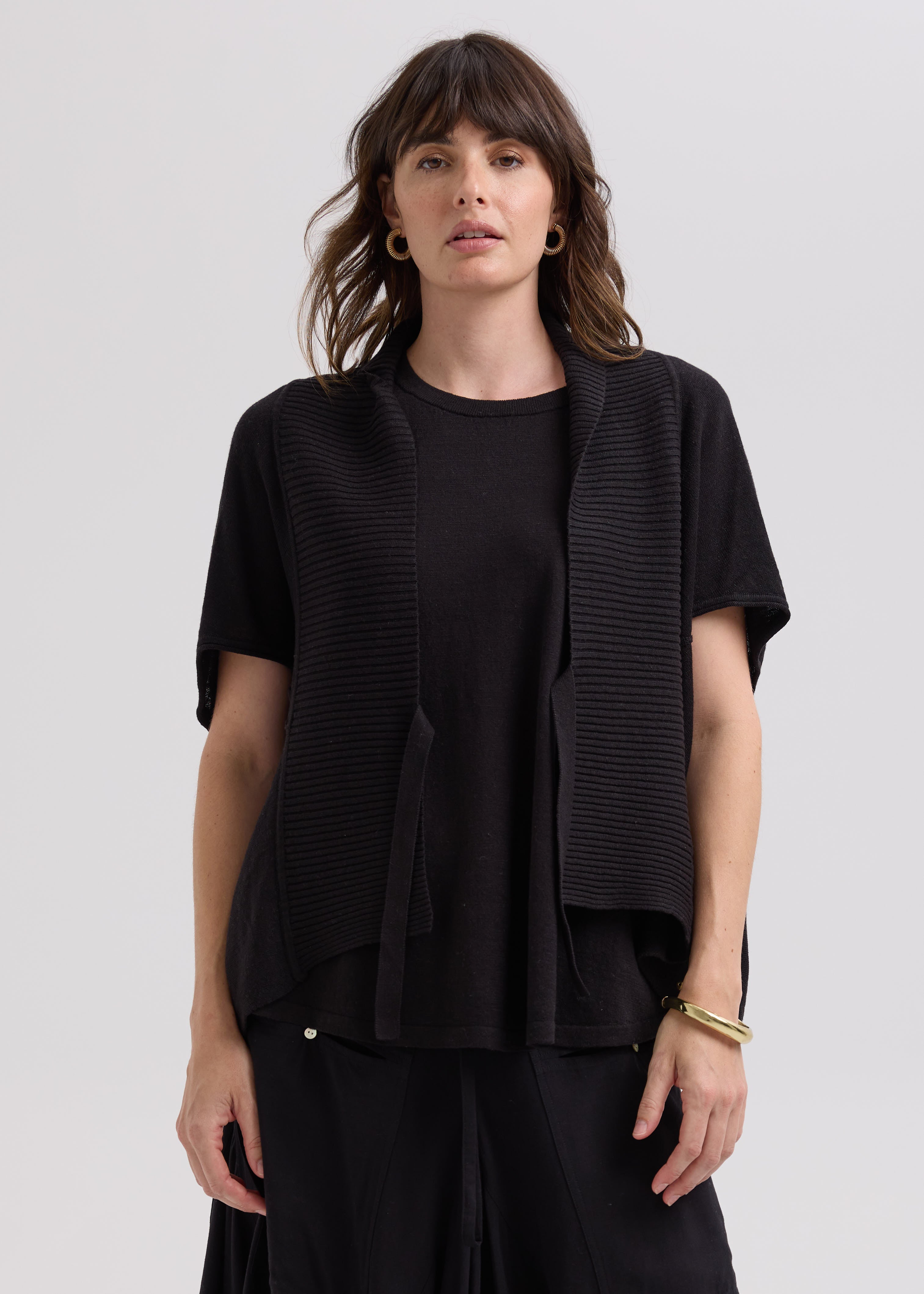 LD & CO - LINEN TIE CARDI - BLACK