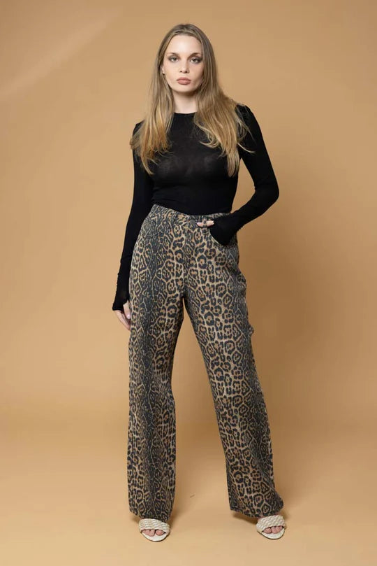 Honey Denim  NATE DENIM LEOPARD WIDE LEG JEANS