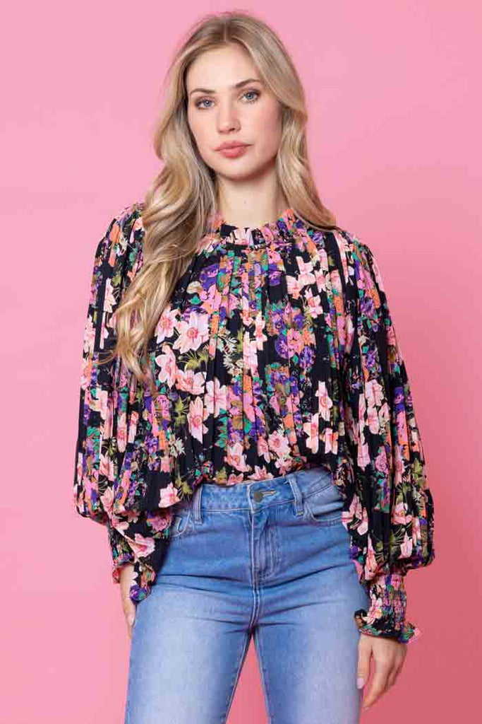 Augustine Laura Pleated Top - Fluro Floral Black