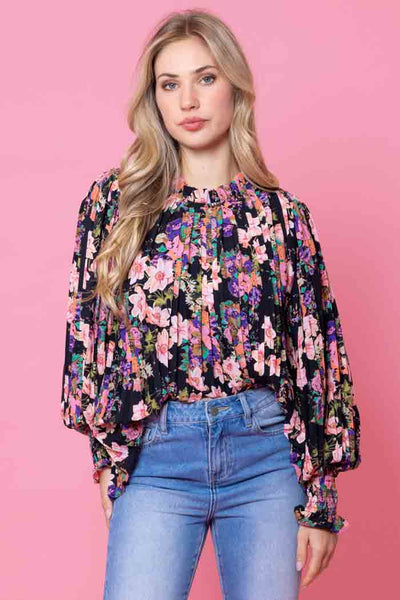 Augustine Laura Pleated Top - Fluro Floral Black