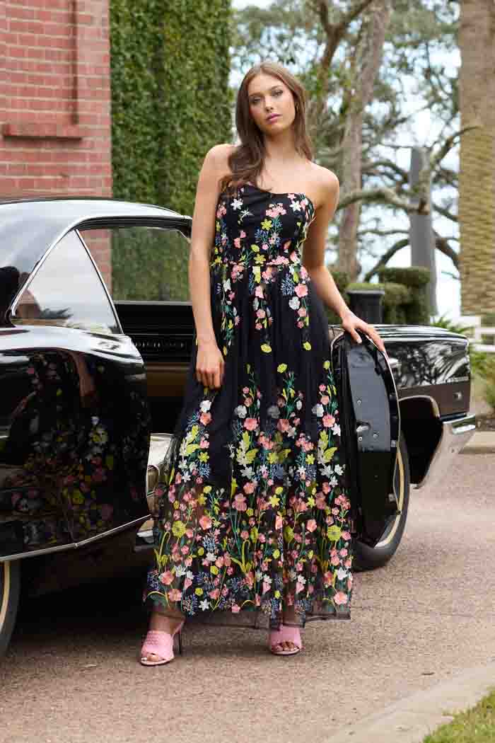 AUGUSTINE CAMMIE STRAPLESS DRESS - EMBROIDERED LACE - BLACK