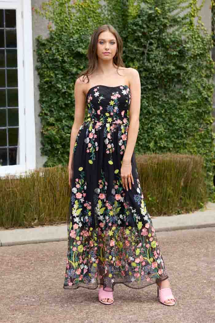 AUGUSTINE CAMMIE STRAPLESS DRESS - EMBROIDERED LACE - BLACK