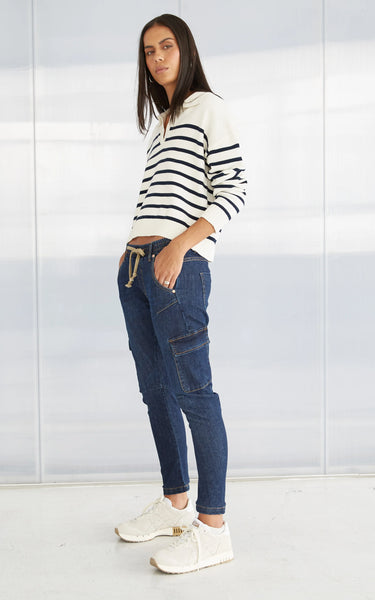 DRICOPER - RITA COTTON POLO SWEATER - NAVY & WHITE STRIPE