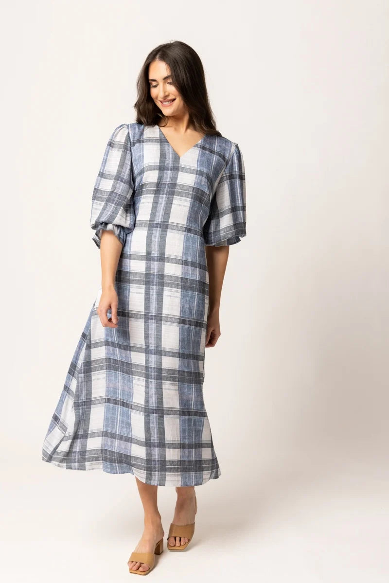 SEEKING LOLA - SANTORINI DRESS - INDIGO CHECK
