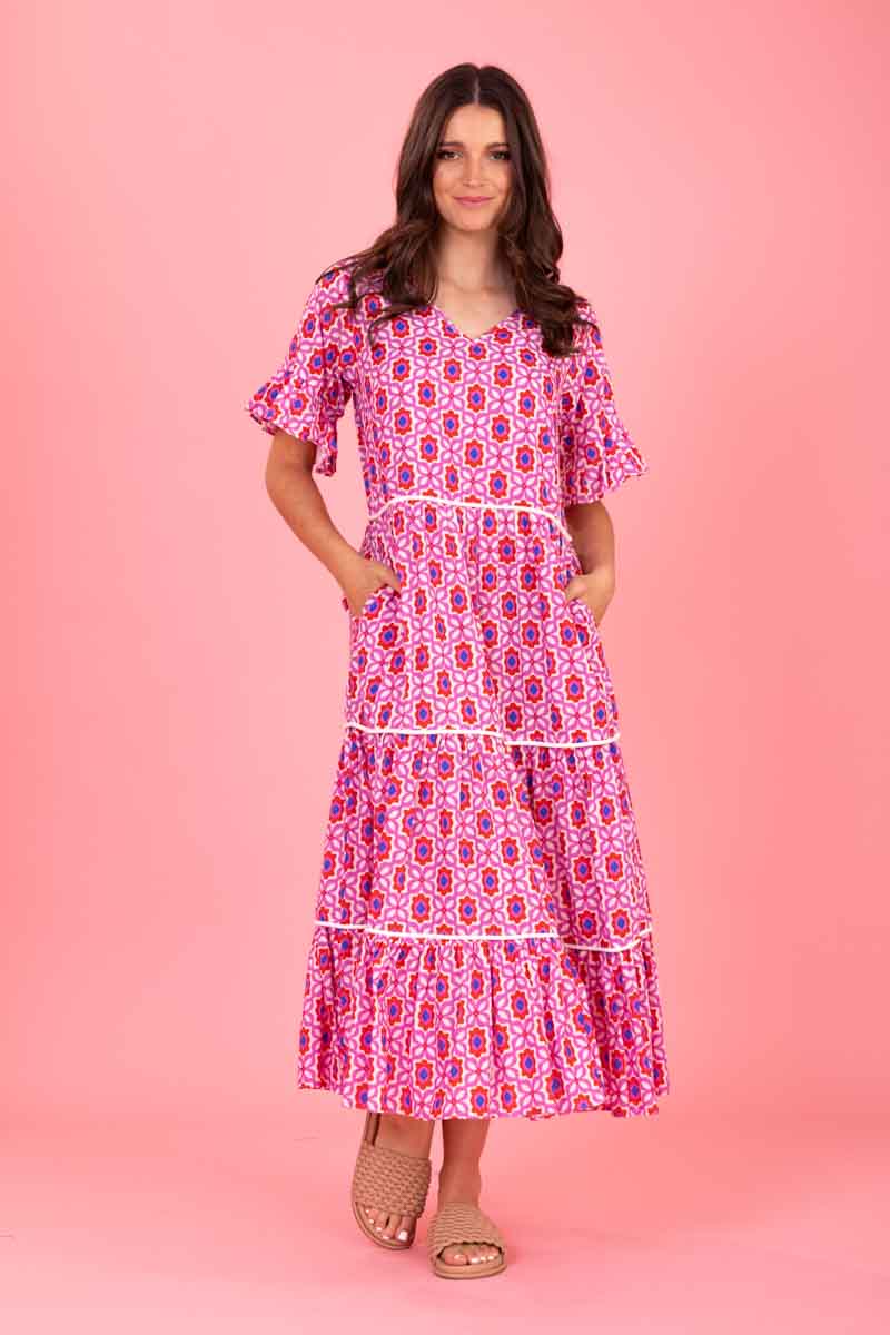 Charlo Tyler Midi Dress - Pink Red Print