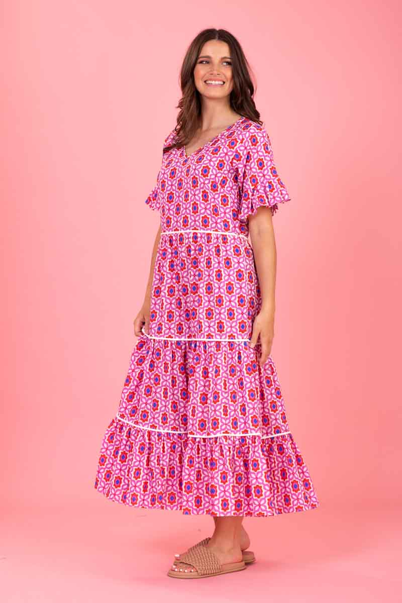 Charlo Tyler Midi Dress - Pink Red Print