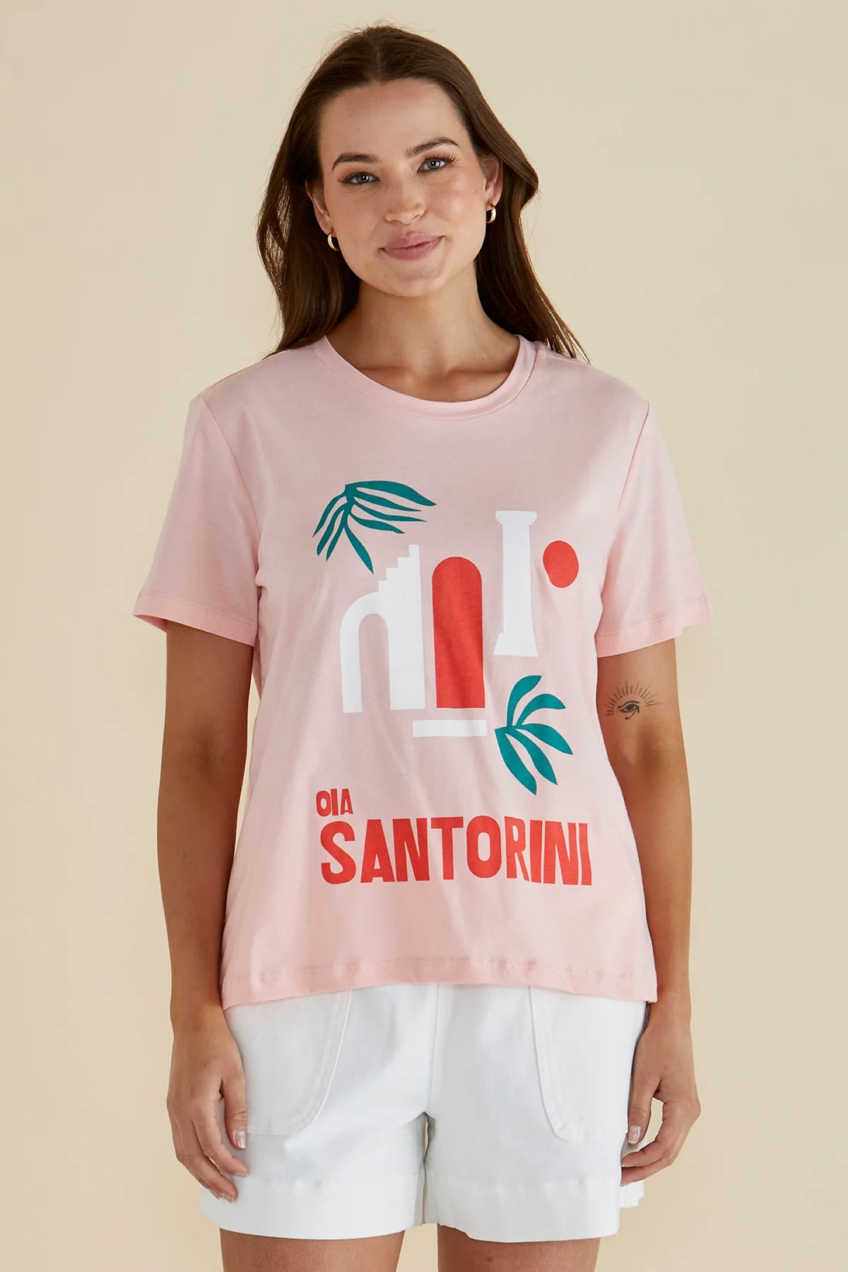 BETTY BASICS - ELLIA CREW TEE - SANTORINI PRINT - PINK